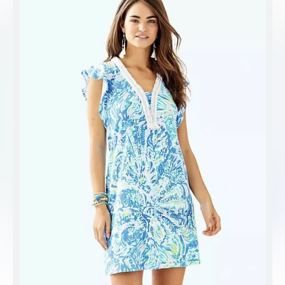Lilly Pulitzer blue tropical resortwear summer travel mini dress L